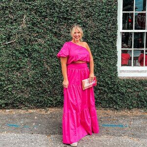 Show Me Your Mumu Pink One Shoulder Puff Sleeve Crop Top & Tiered Maxi Skirt Set